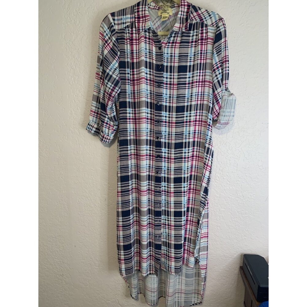 Stevie & Lindsay Plaid Maxi Roll Tab Sleeves Button up Front Side Slits 1X